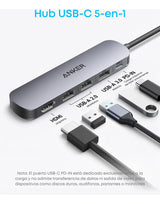 Hub USB-C Anker 5 en 1 con HDMI gris, vista de detalle