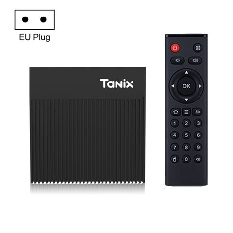 TV Box Tanix X4 negro junto a su control remoto con teclado numérico