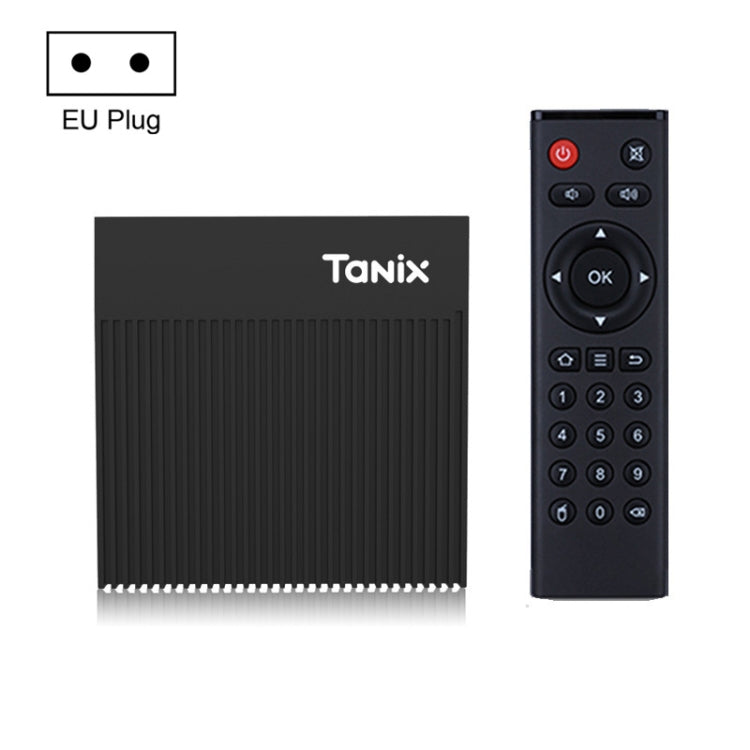 TV Box Tanix X4 negro junto a su control remoto con teclado numérico
