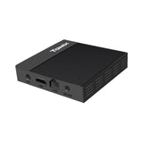 Tanix X4 en ángulo mostrando los puertos DC, HDMI, LAN y SPDIF del panel trasero