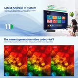 Sistema Android 11 del Tanix X4 en pantalla y comparativa de los códecs AV1, VP9 y H.265