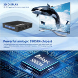 Tanix X4 conectado a un televisor mostrando contenido 3D y detalle del chip Amlogic S905X4