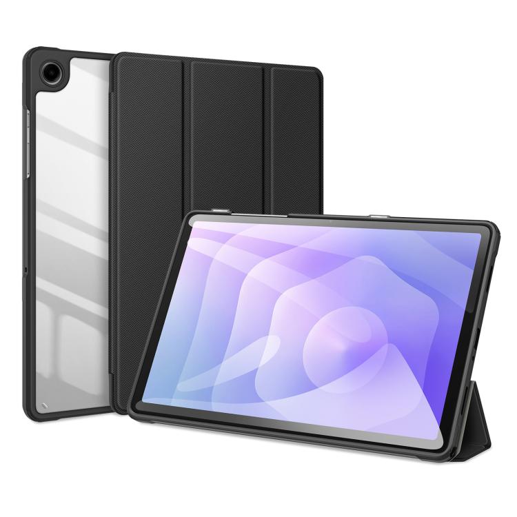 Funda TOBY negra abierta mostrando la cubierta transparente del Galaxy Tab A9+