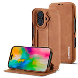 Flip cover LC.IMEEKE color café claro para iPhone 17 cerrado, abierto y en modo soporte
