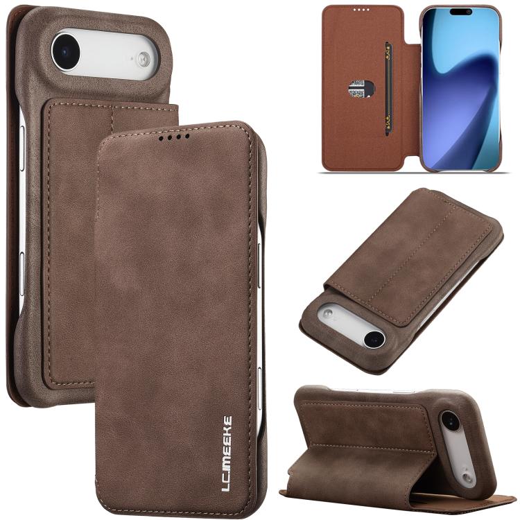 Flip cover LC.IMEEKE color café oscuro para iPhone Air cerrado, abierto y en modo soporte