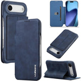 Flip cover LC.IMEEKE color azul para iPhone Air cerrado, abierto y en modo soporte
