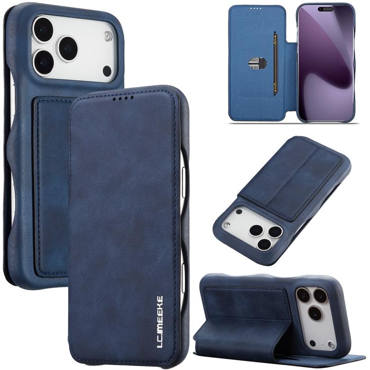 Flip cover LC.IMEEKE color azul para iPhone 17 Pro cerrado, abierto y en modo soporte