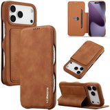 Flip cover LC.IMEEKE color café claro para iPhone 17 Pro cerrado, abierto y en modo soporte
