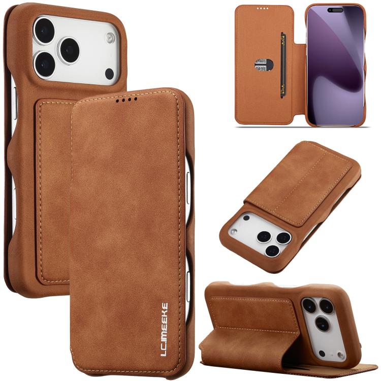 Flip cover LC.IMEEKE color café claro para iPhone 17 Pro cerrado, abierto y en modo soporte