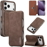 Flip cover LC.IMEEKE color café oscuro para iPhone 17 Pro Max cerrado, abierto y en modo soporte