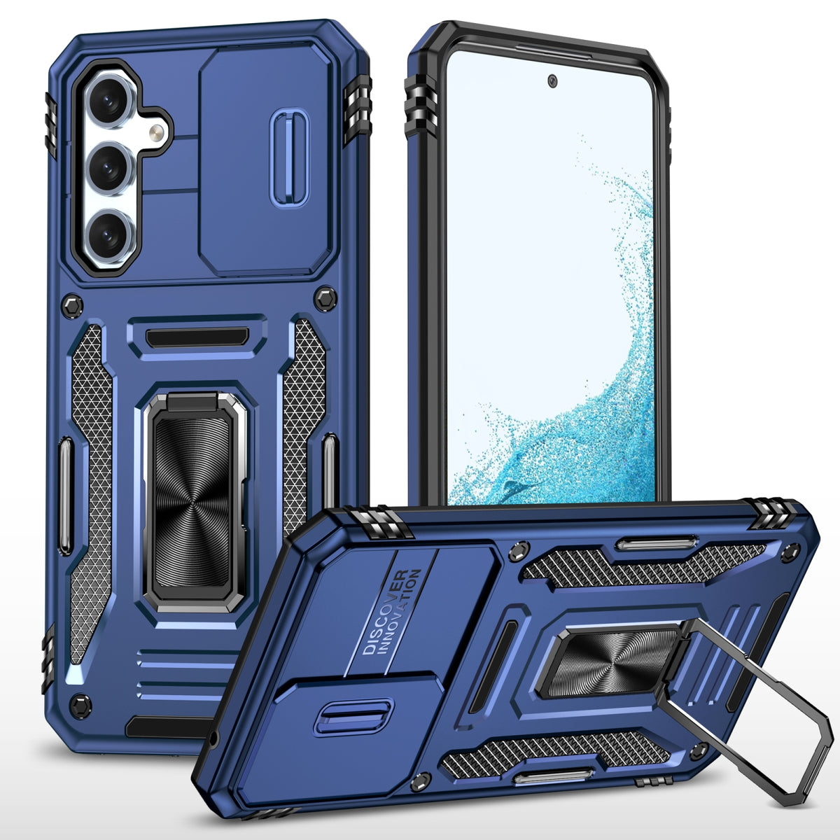 Carcasa Armor azul marino para Samsung Galaxy S23 FE 5G con tapa de cámara y anillo, vista trasera y frontal
