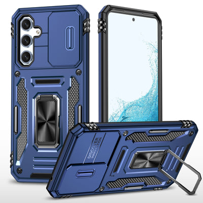 Carcasa Armor azul marino para Samsung Galaxy S23 FE 5G con tapa de cámara y anillo, vista trasera y frontal