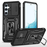 Carcasa Armor negra para Samsung Galaxy S23 FE 5G con tapa de cámara y anillo, vista trasera y frontal