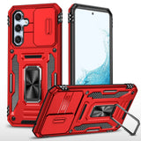 Carcasa Armor roja para Samsung Galaxy S23 FE 5G con tapa de cámara y anillo, vista trasera y frontal