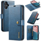 Funda tipo billetera DG.MING color azul para iPhone 17, abierta y con carcasa desmontable