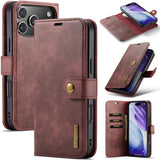 Funda tipo billetera DG.MING color rojo vino para iPhone 17 Pro, abierta y con carcasa desmontable
