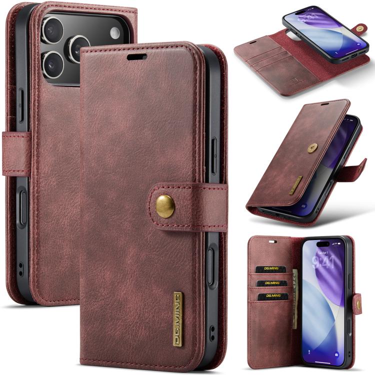 Funda tipo billetera DG.MING color rojo vino para iPhone 17 Pro, abierta y con carcasa desmontable