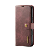 Funda tipo billetera DG.MING rojo vino cerrada con correa y broche para iPhone 17 Pro