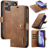 Funda tipo billetera DG.MING color café para iPhone 17 Pro Max, abierta y con carcasa desmontable