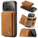 Carcasa DG.MING M1 color café claro para iPhone 17 Pro Max con billetera magnética abierta y cerrada