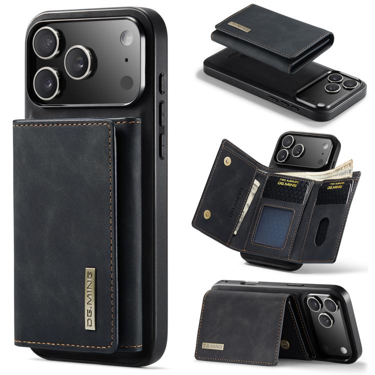 Carcasa DG.MING M1 color negro para iPhone 17 Pro con billetera magnética abierta y cerrada