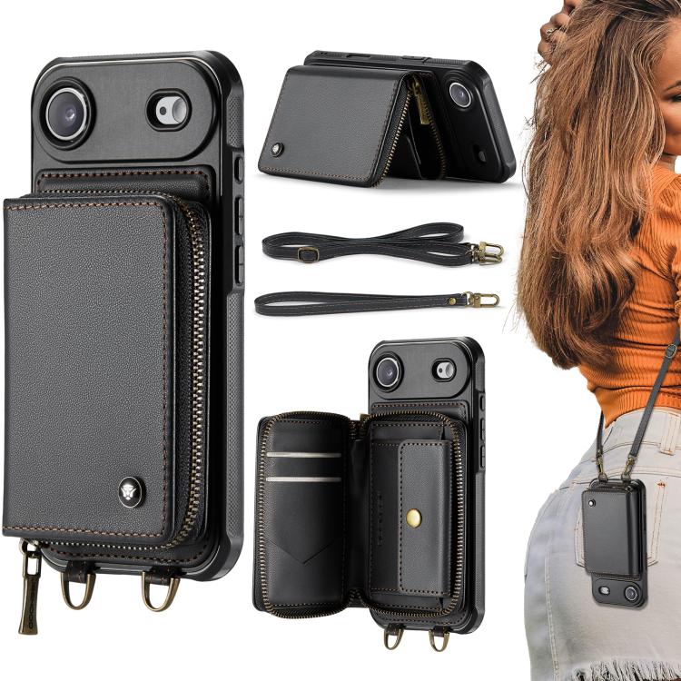 Carcasa billetera JEEHOOD C22 color negro para iPhone Air con correa, cordón y billetera abierta