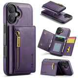 Carcasa DG.MING M5 para iPhone 17 color morado con billetera magnética, vista trasera y detalles