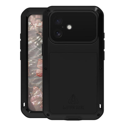 Carcasa blindada LOVE MEI color negro para iPhone 17, vista frontal y trasera