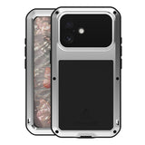 Carcasa blindada LOVE MEI color plateado para iPhone 17, vista frontal y trasera