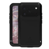 Carcasa blindada LOVE MEI color negro para iPhone 17 Pro, vista frontal y trasera