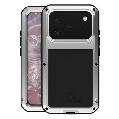 Carcasa blindada LOVE MEI color plateado para iPhone 17 Pro, vista frontal y trasera