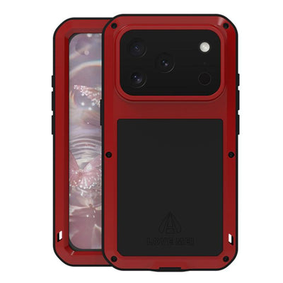 Carcasa blindada LOVE MEI color rojo para iPhone 17 Pro, vista frontal y trasera