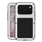 Carcasa blindada LOVE MEI color blanco para iPhone 17 Pro, vista frontal y trasera