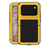 Carcasa blindada LOVE MEI color amarillo para iPhone 17 Pro, vista frontal y trasera
