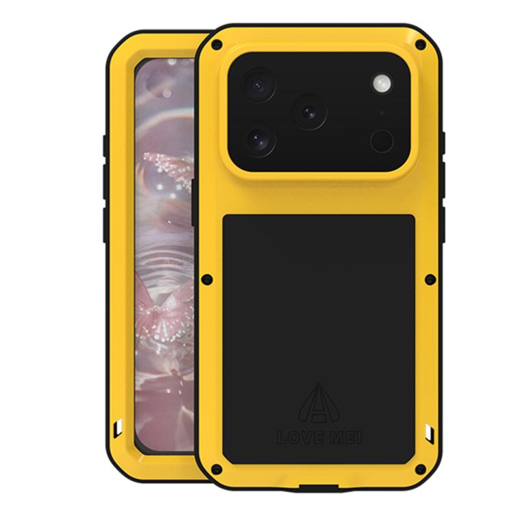 Carcasa blindada LOVE MEI color amarillo para iPhone 17 Pro, vista frontal y trasera