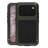 Carcasa blindada LOVE MEI color verde militar para iPhone 17 Pro, vista frontal y trasera