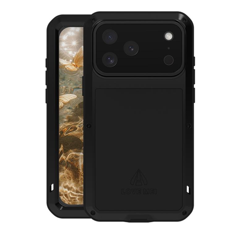 Carcasa blindada LOVE MEI color negro para iPhone 17 Pro Max, vista frontal y trasera