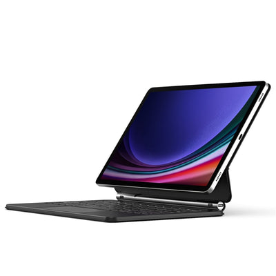 Teclado magnético flotante MK con el Galaxy Tab S9 suspendido sobre las teclas
