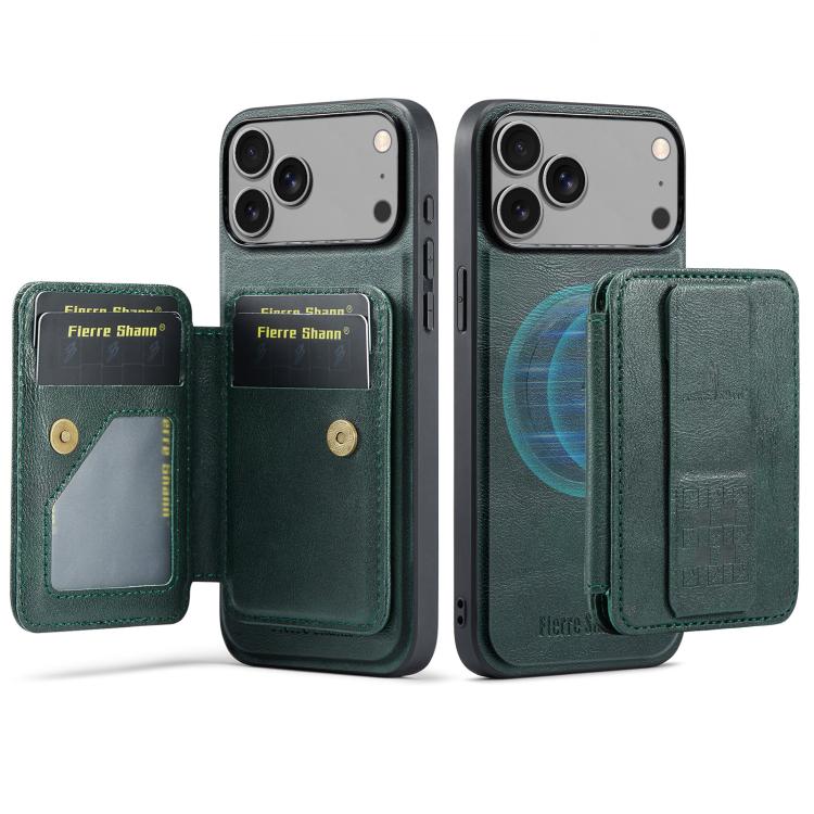 Carcasa Fierre Shann para iPhone 17 Pro Max color verde con tarjetero abierto y vista trasera