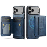 Carcasa Fierre Shann para iPhone 17 Pro Max color azul con tarjetero abierto y vista trasera