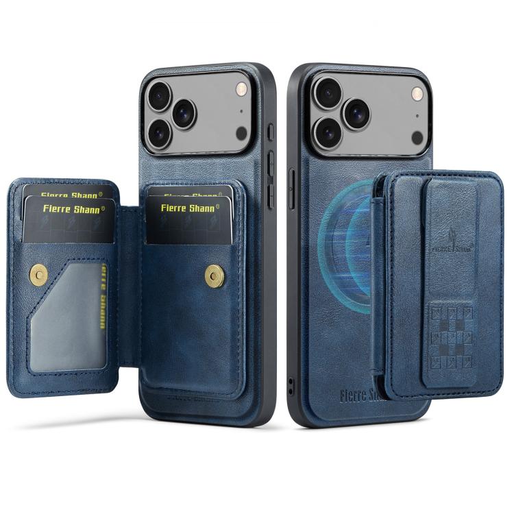 Carcasa Fierre Shann para iPhone 17 Pro color azul con tarjetero abierto y vista trasera