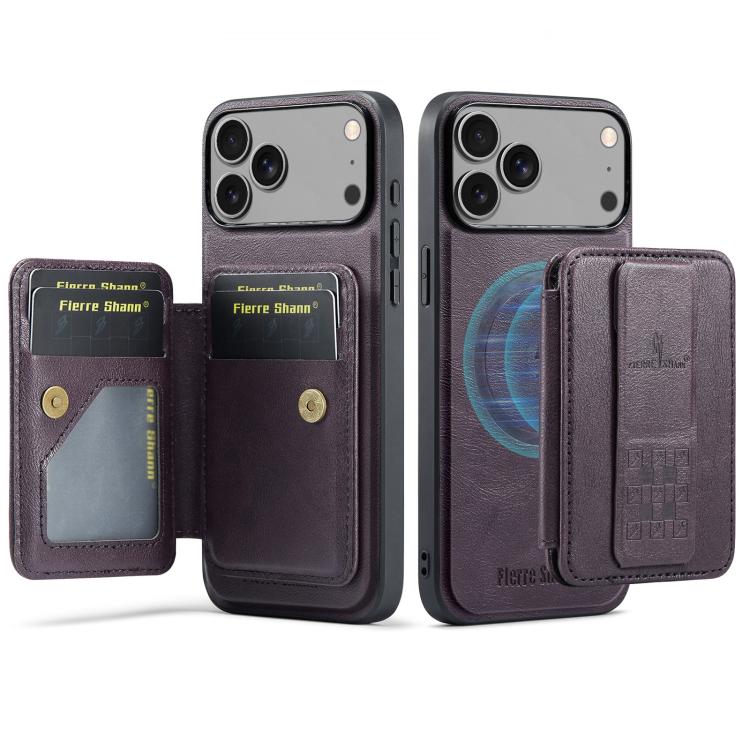 Carcasa Fierre Shann para iPhone 17 Pro color morado con tarjetero abierto y vista trasera