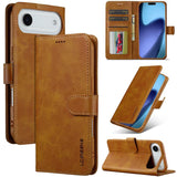 Funda tipo billetera LC.IMEEKE para iPhone Air color café claro, vista cerrada, abierta y como soporte