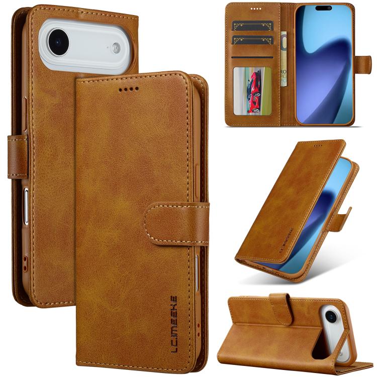 Funda tipo billetera LC.IMEEKE para iPhone Air color café claro, vista cerrada, abierta y como soporte