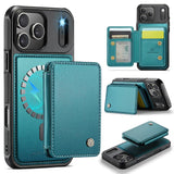 Carcasa JEEHOOD J05 para iPhone 17 Pro Max color verde azulado con tarjetero magnético, vista trasera y detalles