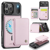 Carcasa JEEHOOD J05 para iPhone 17 Pro color rosa con tarjetero magnético, vista trasera y detalles