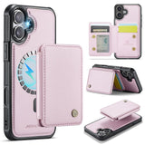 Carcasa JEEHOOD J05 para iPhone 17 color rosa con tarjetero magnético, vista trasera y detalles