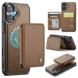 Carcasa JEEHOOD J05 para iPhone 17 color café con tarjetero magnético, vista trasera y detalles