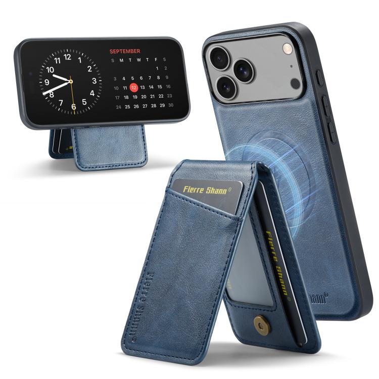 Carcasa Fierre Shann para iPhone 17 Pro Max color azul con el tarjetero desplegado como soporte
