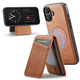 Carcasa Fierre Shann para iPhone 17 color café con el tarjetero desplegado como soporte